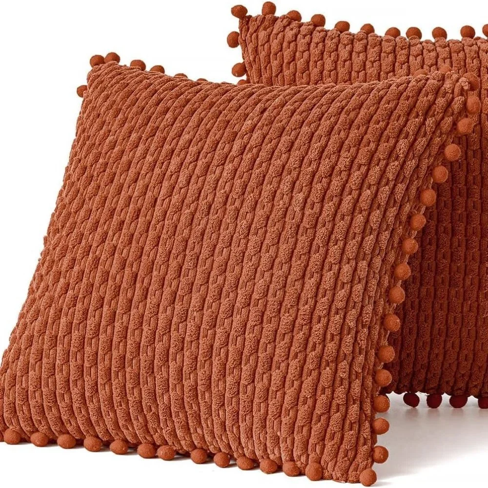Pompom Orange Stripe Texture Corduroy Farmhouse Cute Luxury Soft PillowCover Set
